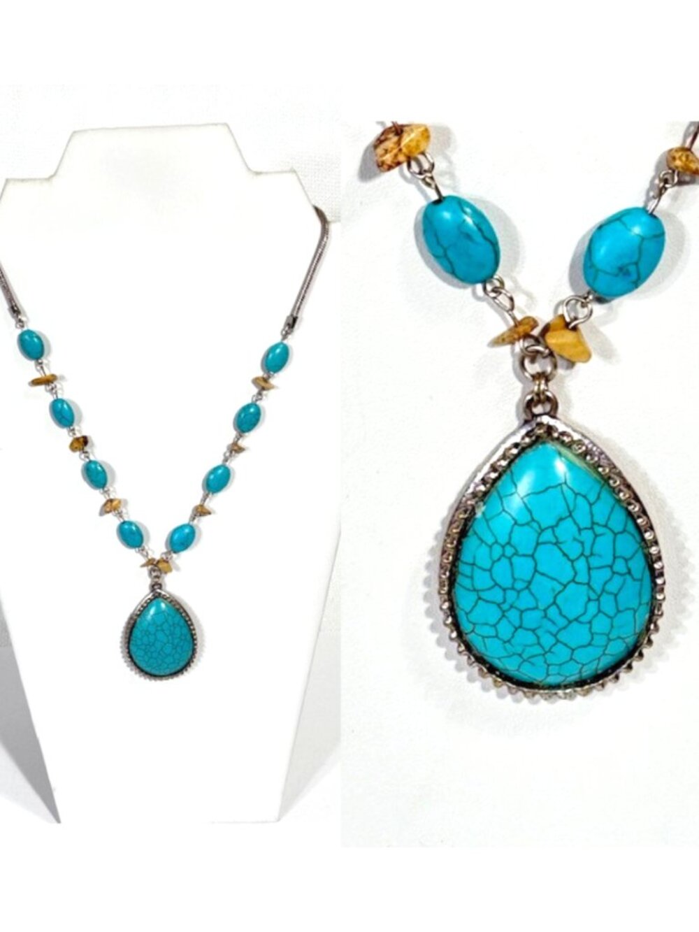 Silver-tone and faux turquoise 20" pendant necklace.
